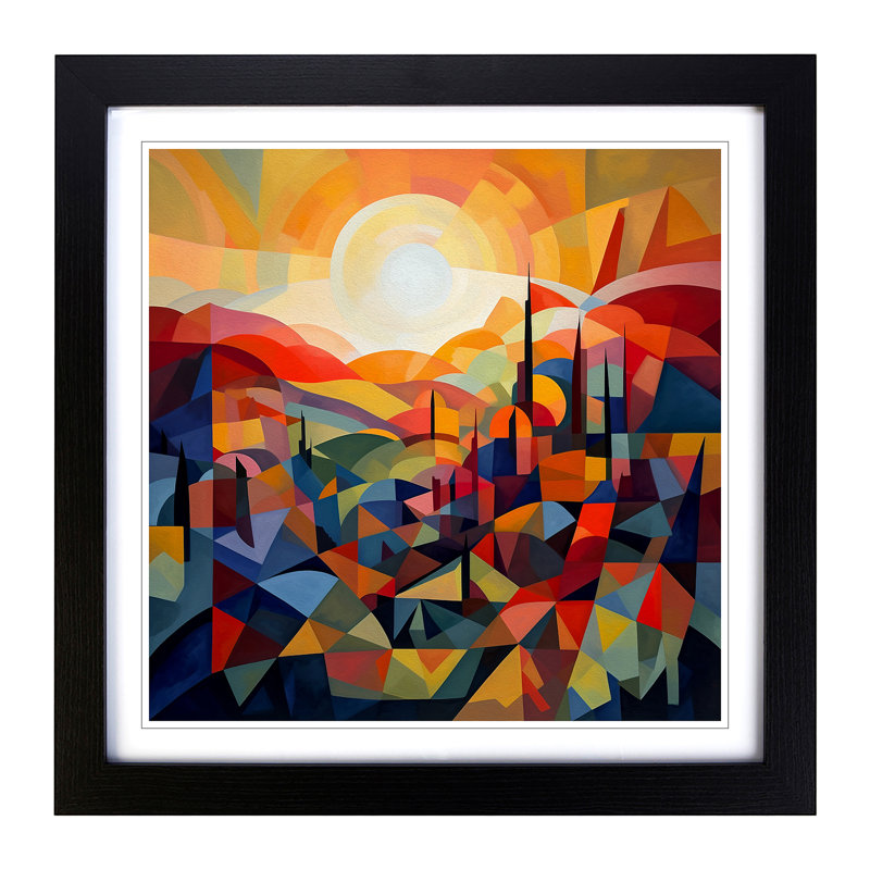 Sunrise Cubism No.3 - Single Picture Frame Print on Wood, Black