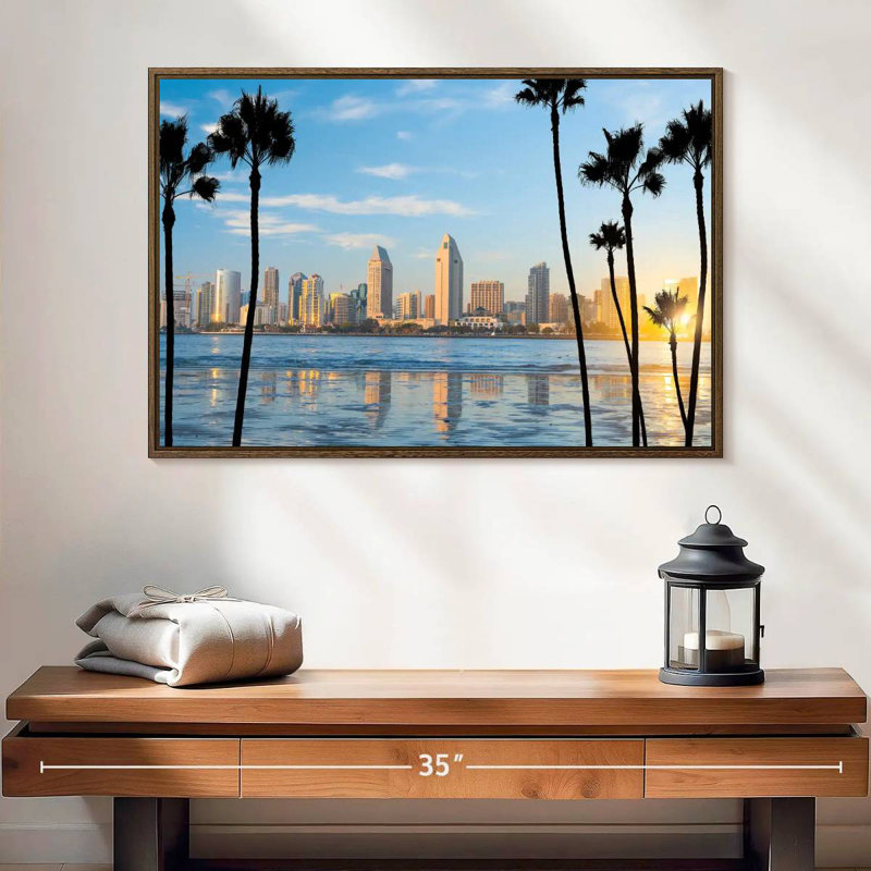 Horizon du centre-ville de San Diego, 25 po x 17 po, Cadre flottant noyer