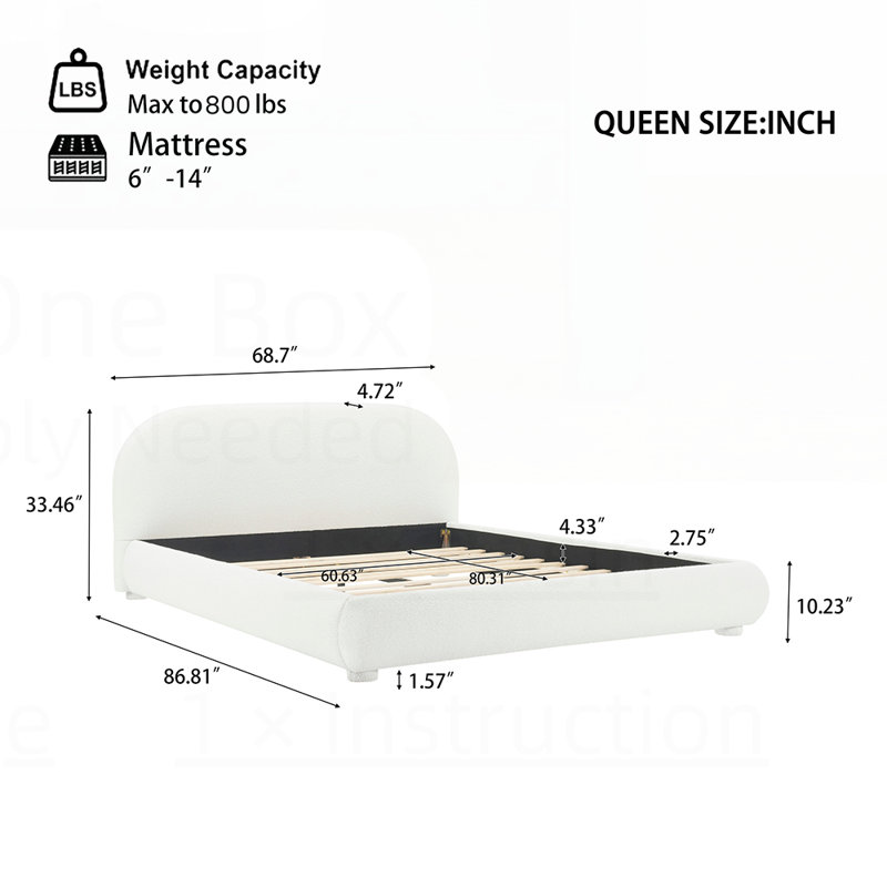 Liz Boucle Upholstered Bed With Curved Headboard & Wooden Frame, Queen, Green Velvet