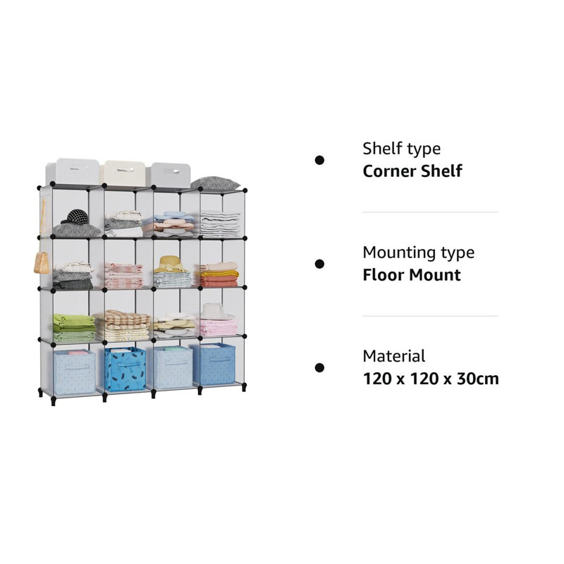 Alvi 304.8cm H Plastic Cube Bookcase, (16 Shelves) 120cm H x 120cm W x 30cm D, White