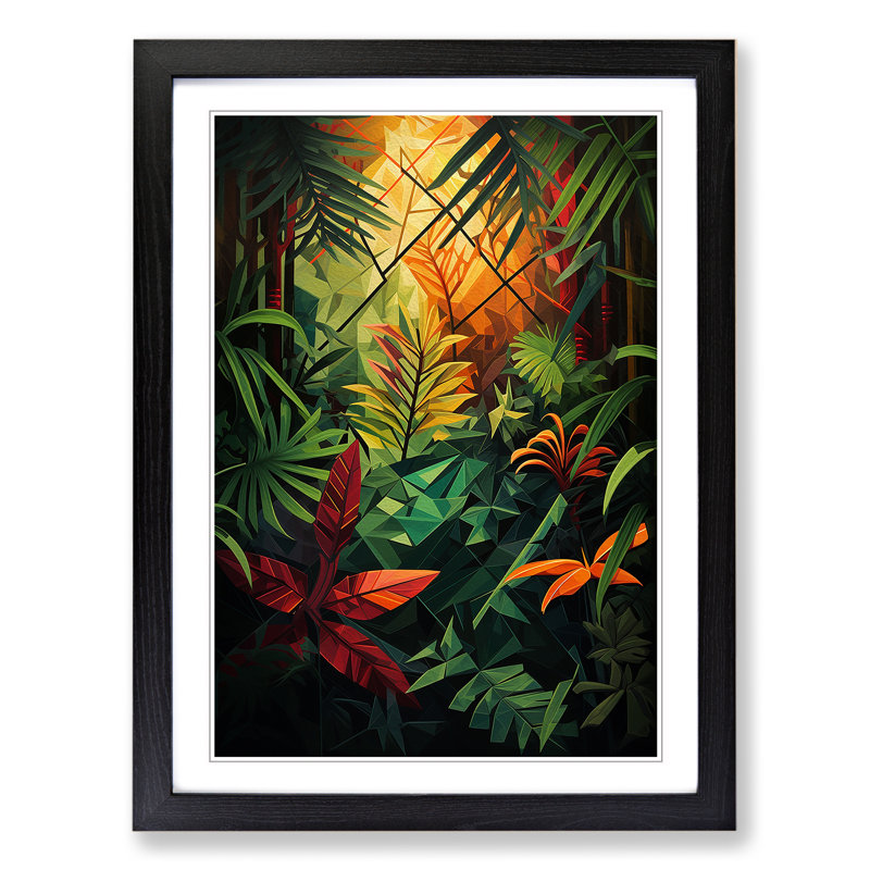 Jungle Geometric No.2 - Single Picture Frame Print on Wood, Black, 46cm H x 34cm W x 2cm D