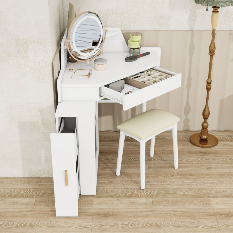 Bureau de maquillage avec tabouret, miroir, lumières, tabouret et tiroir, White