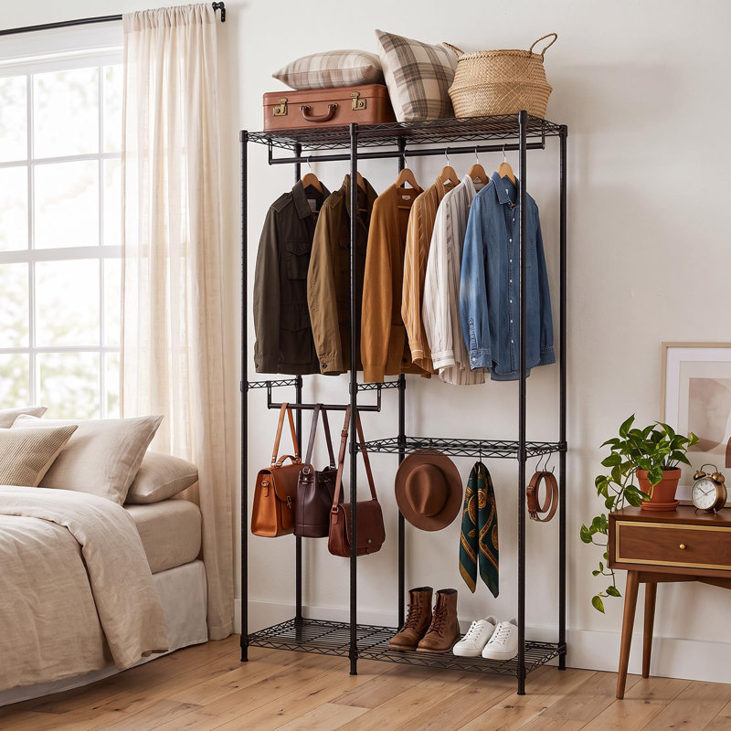 Heavy Duty 2+3 Clothes Rack – 4-in-1 Garment Organizer with 2 Hanging Rods & 3 Shelves, 304kg Capacity, Rustproof Carbon Steel Wardrobe for Bedroom, Balcony – Black