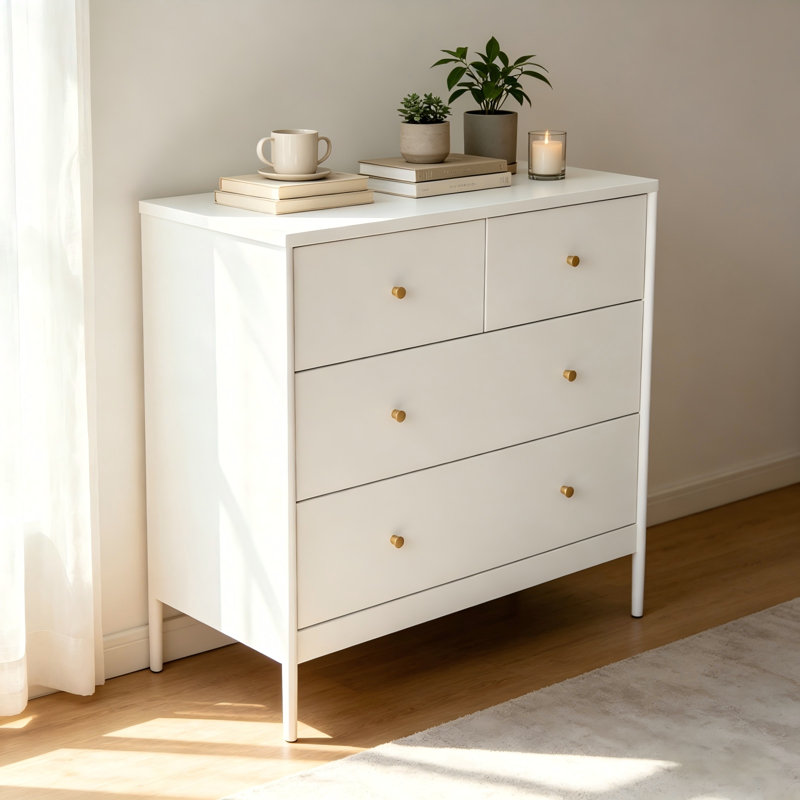 Commode blanche à 4 tiroirs, armoire de rangement en bois pour chambre de bébé, chambre d'enfant et garde-robe blanche