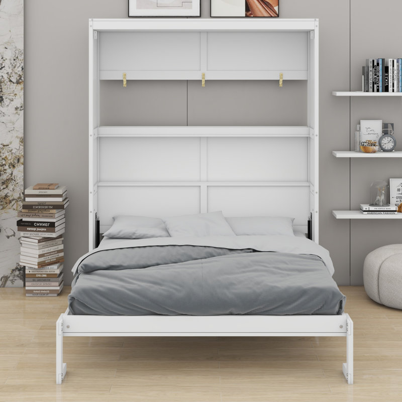 Lit mural multifonctionnel avec tablettes, parfait pour les petits appartements, Blanc