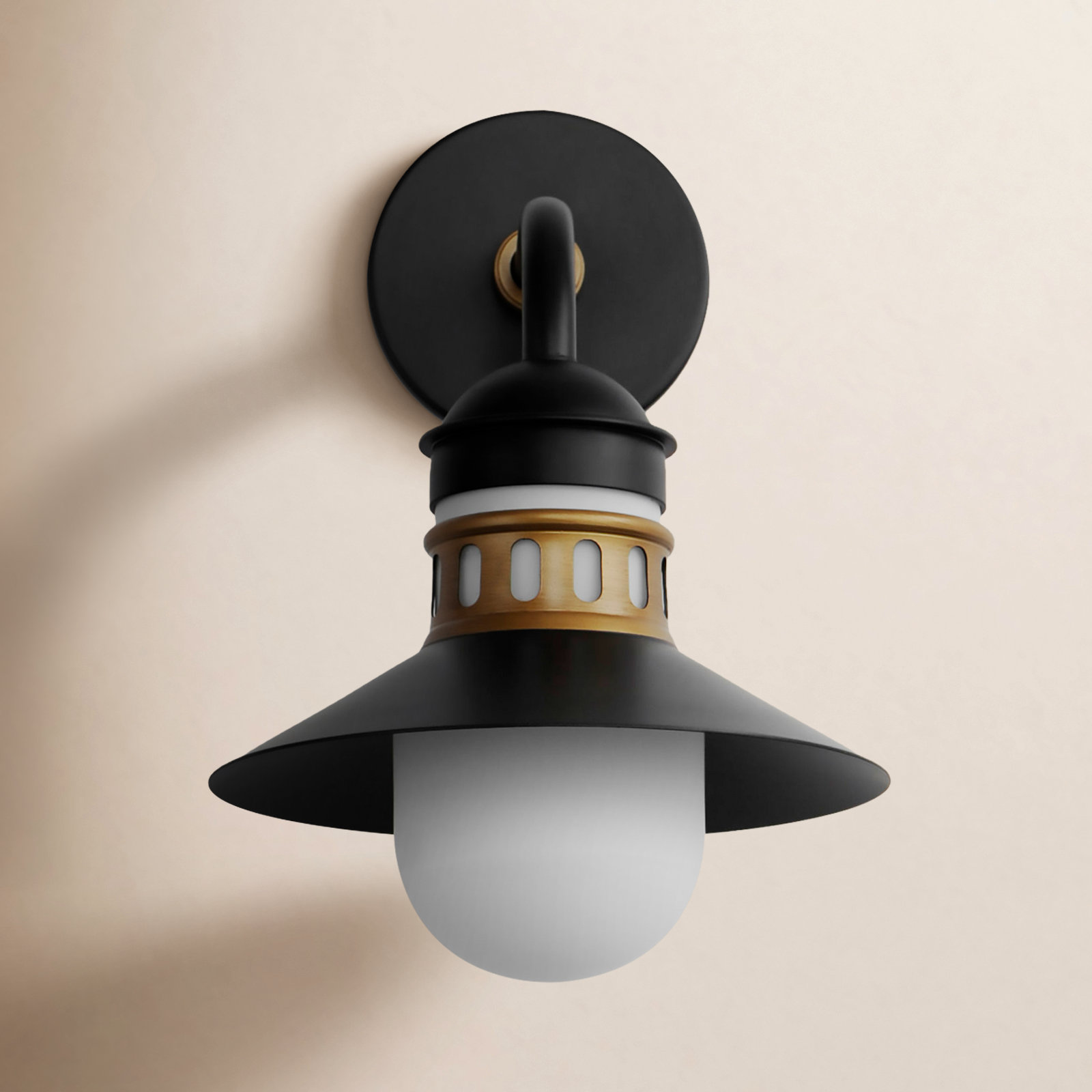 Single Light Bell Outdoor Wall Light, 14.5" H x 9.75' W x 11.25" D, Black/Antique Brass