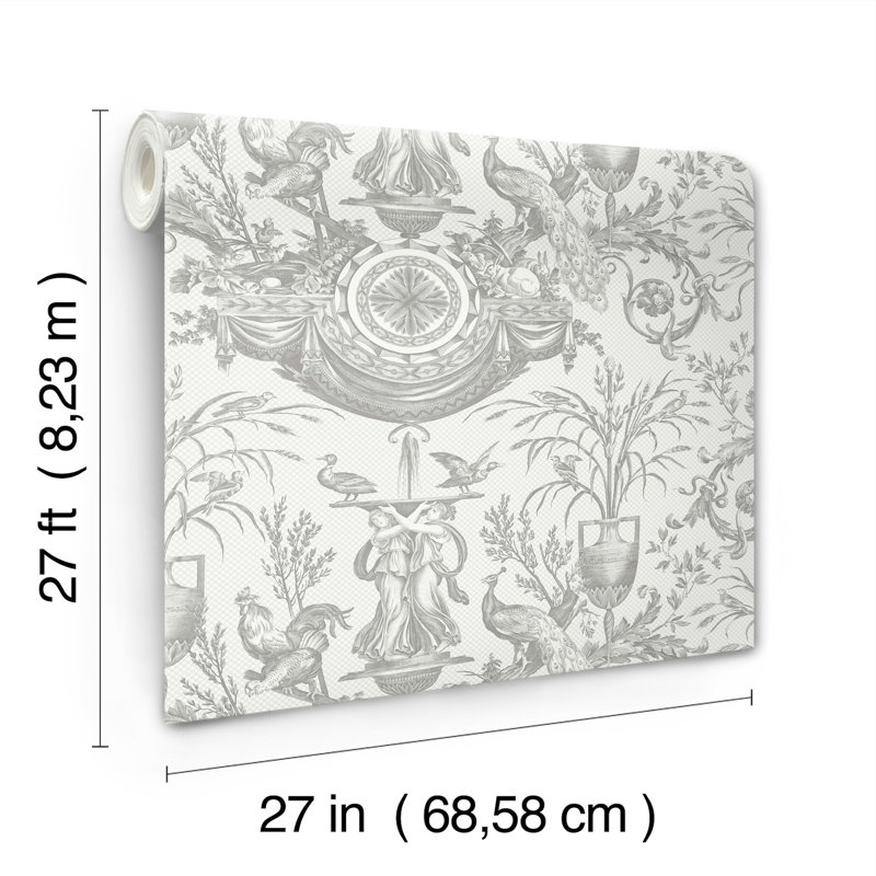 Avian Fountain Toile Wallpaper Roll, Gray