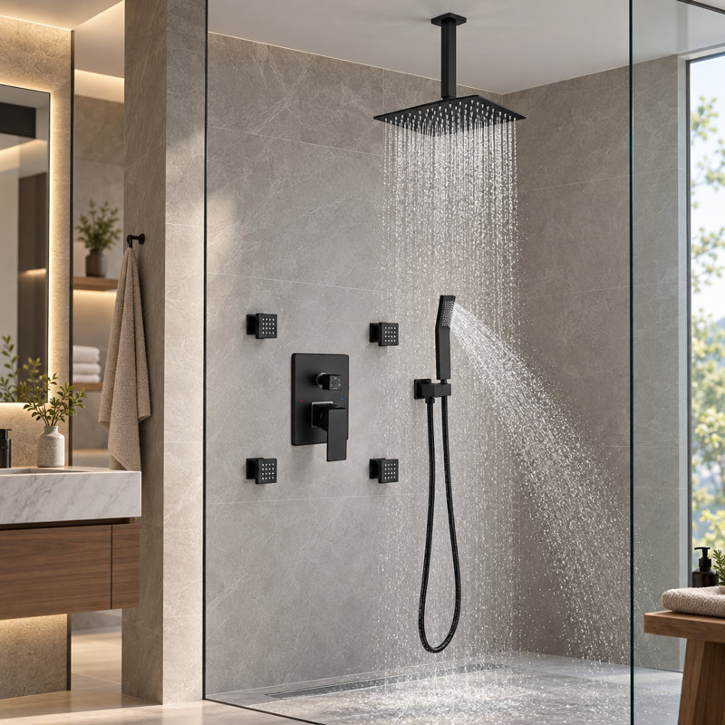 Système de douche à fixation plafond noir mat, pomme de douche carrée effet pluie de 25 cm avec douchette et 4 jets corporels, robinetterie à pression équilibrée incluse, ensemble de robinetterie de douche de luxe pour salle de bain