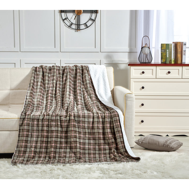 Jeté réversible en tissu écossais, Brun