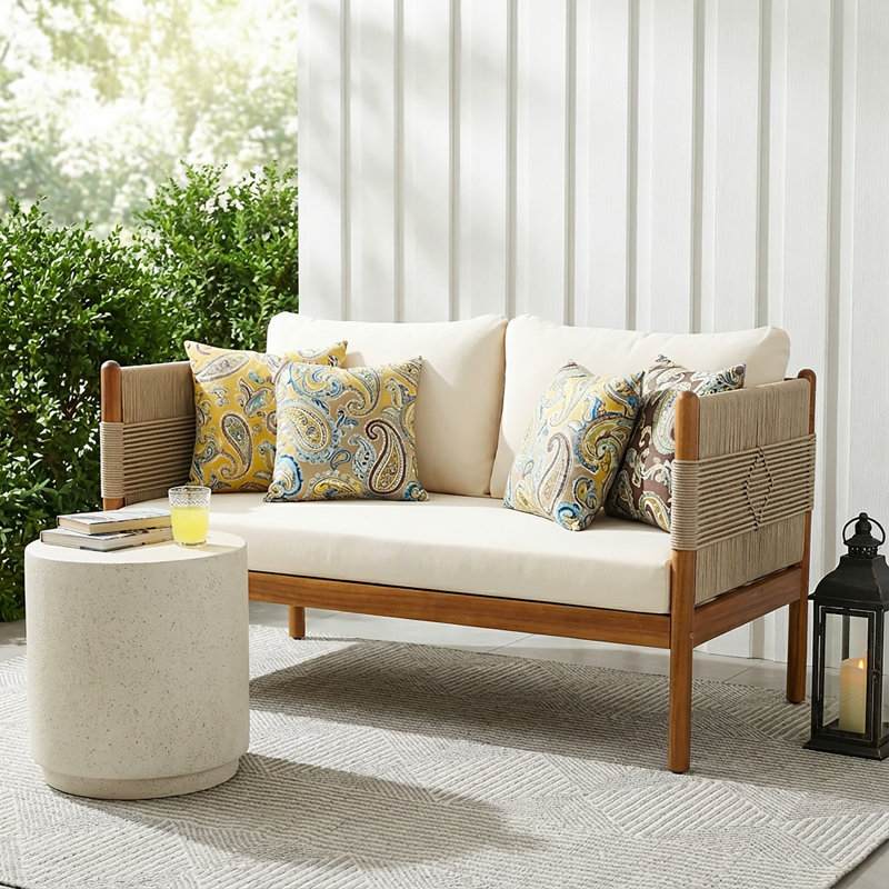 Causeuse d'extérieur en bois d'acacia Papastamelos, Corde beige / structure en teck