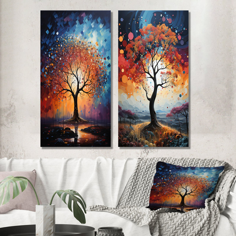 Arbre coloré Baobab - ensemble de 2 décorations murales, H 28 po x l 25 po, Toile tendue