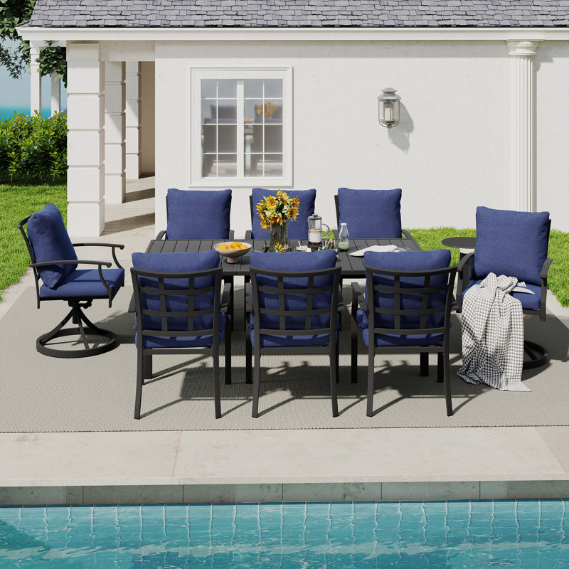 Maynard 9-Piece Black Metal Patio Dining Set With Rectangular Table, 2 Swivel Dining Chairs And Blue Cushions, Blue