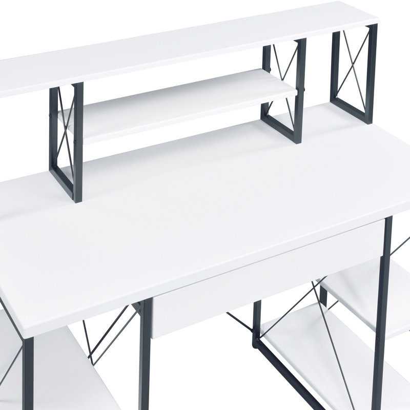 Bureau blanc et noir avec tablette et tiroir, style moderne et polyvalent.
