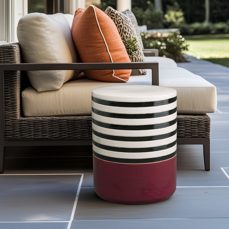 Tabouret de jardin rayé en céramique fabriqué à la main H 18,5 po, Blanc / Rouge