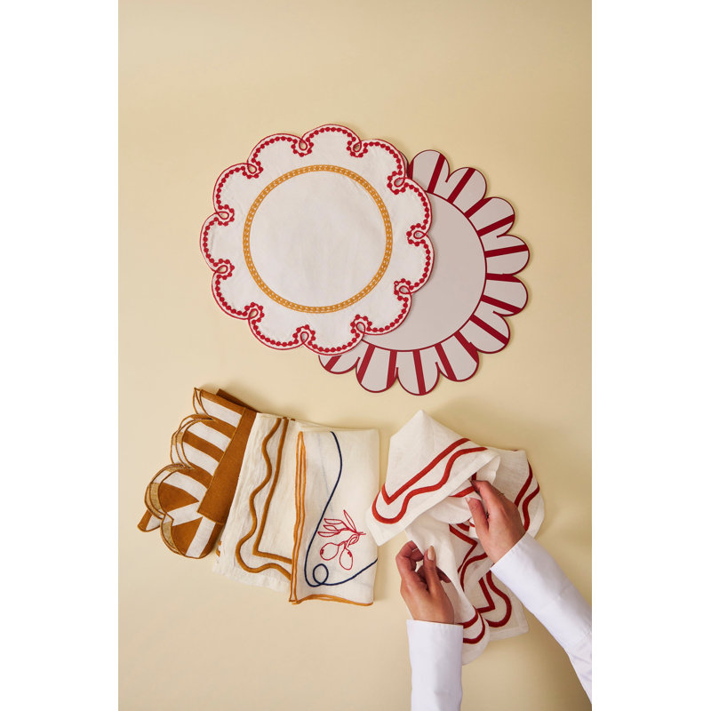 Jardin Embroidered Linen Scalloped Stripe Napkins, Amber/White