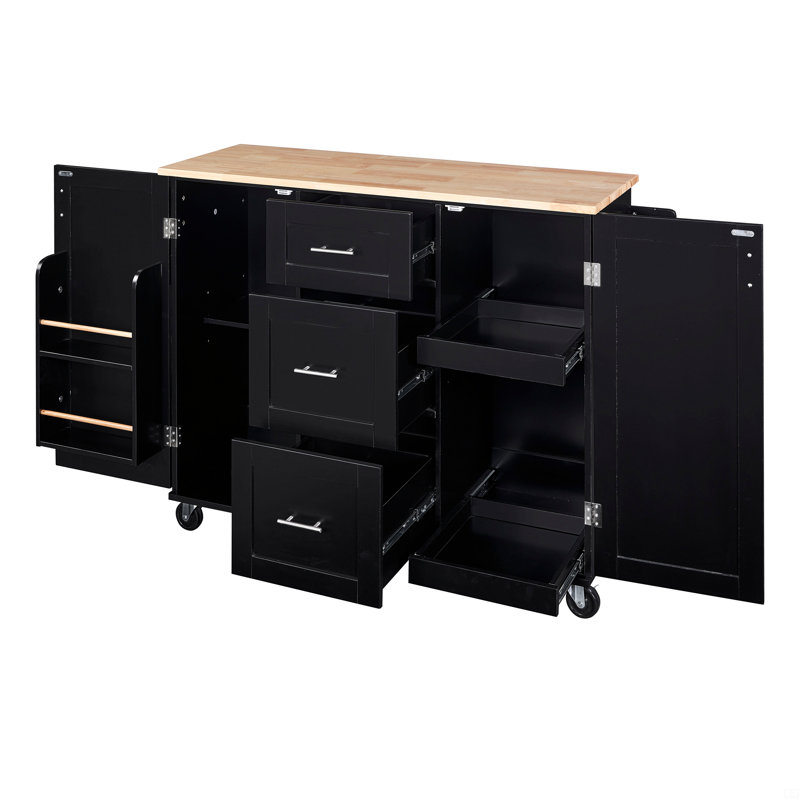 K&K Rolling Kitchen Island With Storage, Kitchen Cart With Rubber Wood Top, 3 Drawer, 2 Slide-Out Shelf And Internal Storage Rack, Kitchen Island On Wheels With Spice Rack & Tower Rack