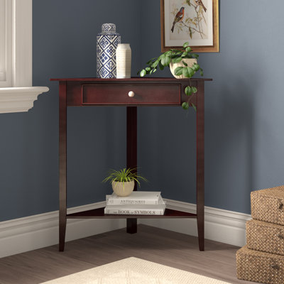 Table de coin avec tiroir de rangement et tablette inférieure ouverte, fini noyer