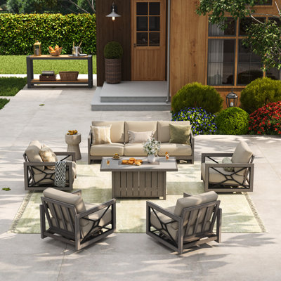 Swivel Patio Aluminum Conversation Set with Sunbrella® Cushions and Concrete Fire Pit Table