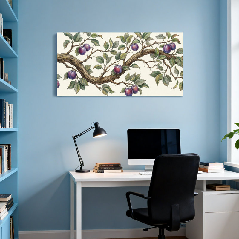 Plantes et fleurs branche de prunier avec feuilles et fruits, H 16 po x l 32 po