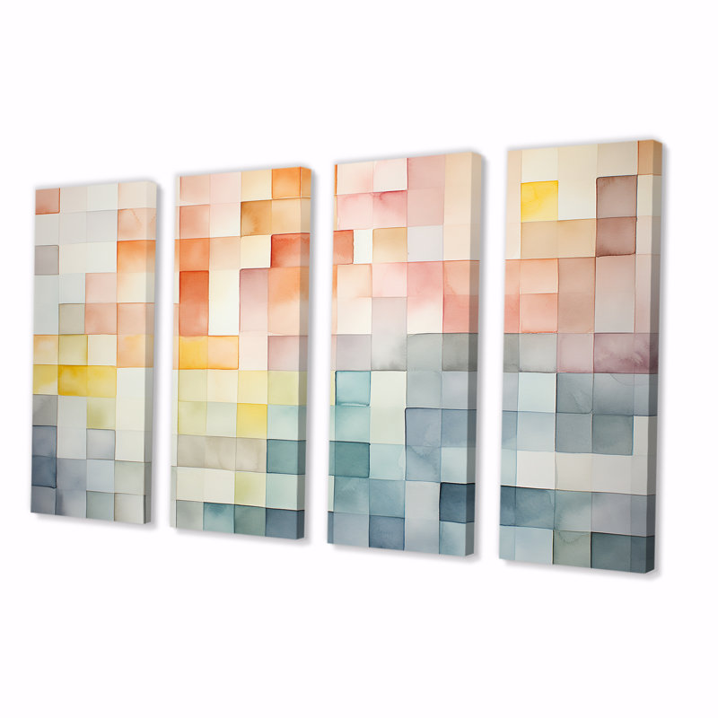 Motif de cubes multicolores II - ensemble géométrique abstrait 4 pièces, H 28 po x l 48 po