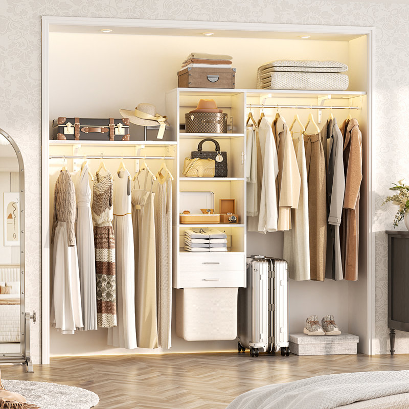 8FT Closet System with 2 Drawes and Fabric Bags, Wall Mounted Laundry Room Organizer, White