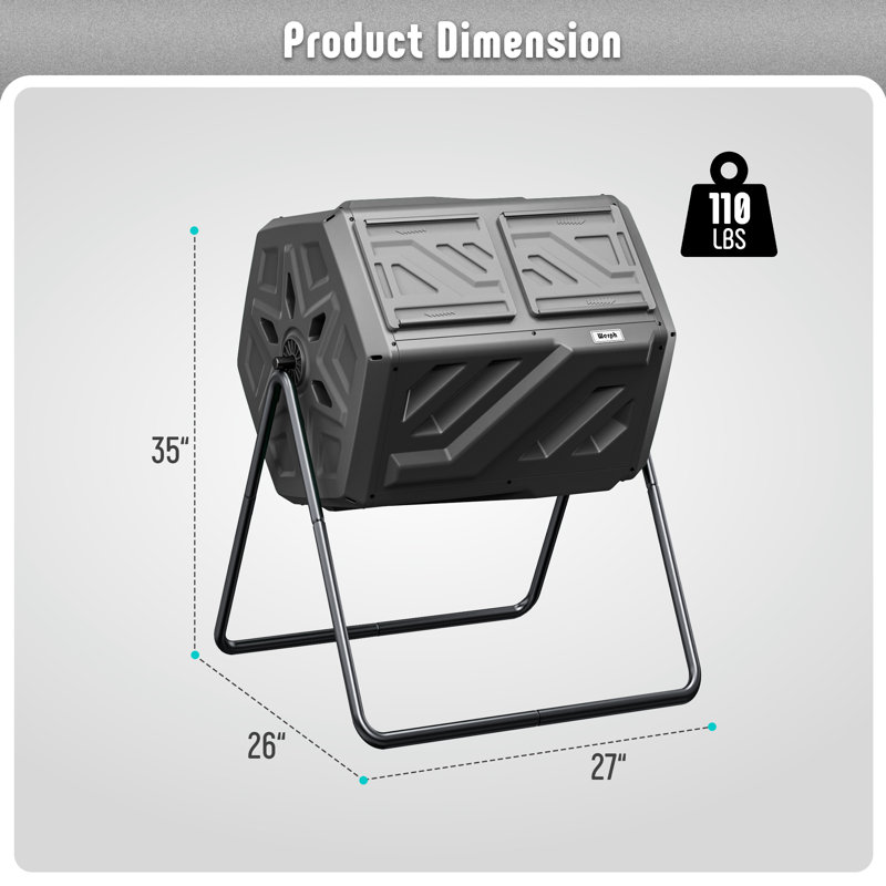 Werph Easy Assembly 43 Gallon Dual Chamber Tumbling Composter-Outdoor Rolling Bin, Only 34 Screws, Pre-Assembled Parts, Black