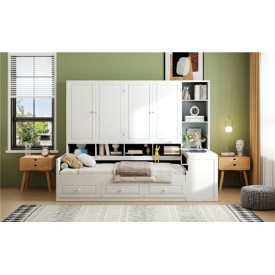 Twin Size Wooden Daybed With Three Drawers, And All-In-One Cabinet, Desk And Shelves