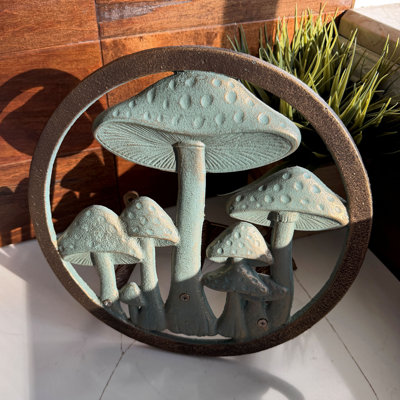 Support de boyau d'arrosage en fonte, style cottage, en forme de champignon, fini vert-de-gris et bronze, hauteur 29,8 cm (11,75 po).