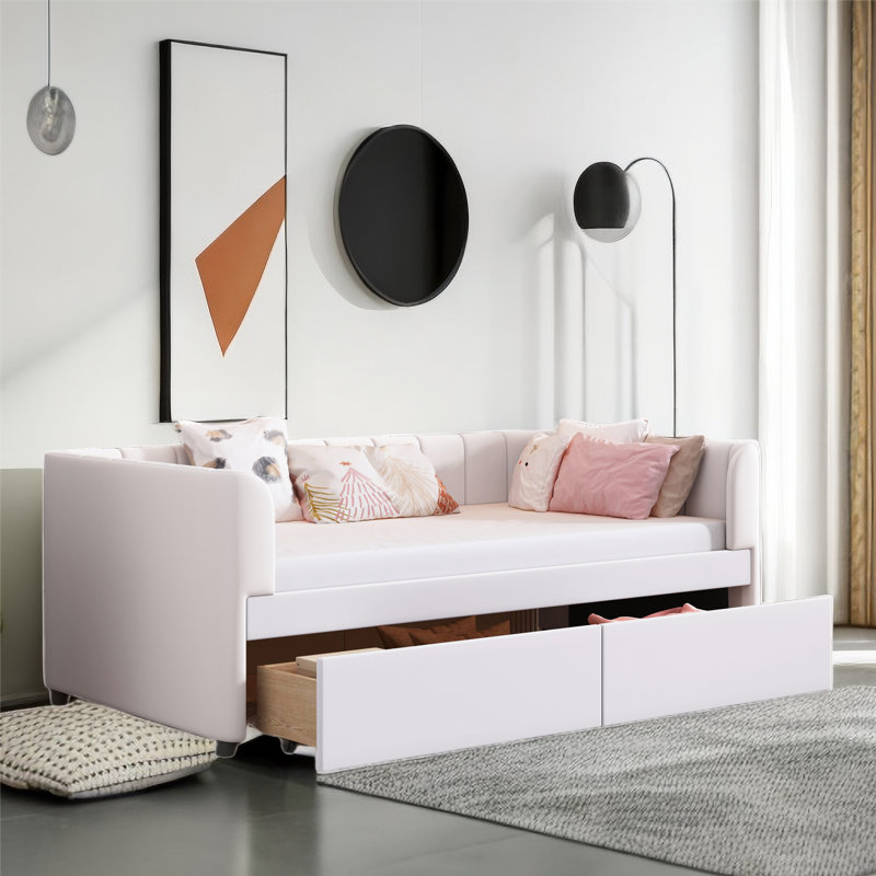 Teairah Twin Size Upholstered Daybed With Two Drawers, Beige