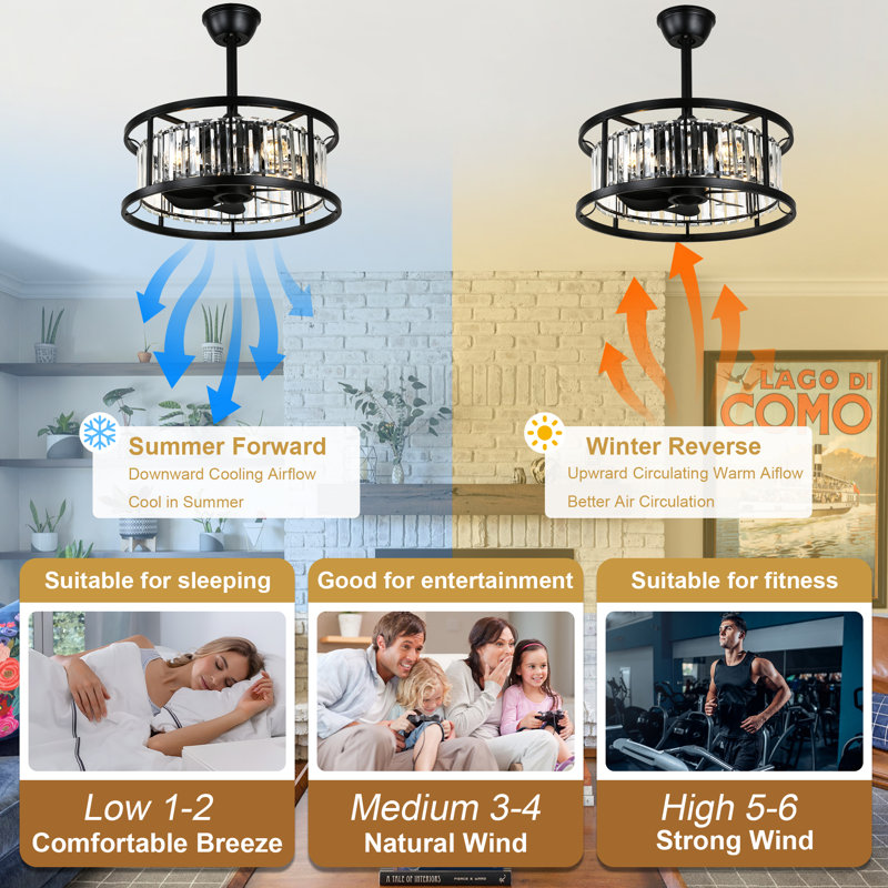 20" 7-Blade Crystal Ceiling Fan With Light And Remote Control, Modern Reversible DC Motor Fandelier Bedroom Ceiling Fan