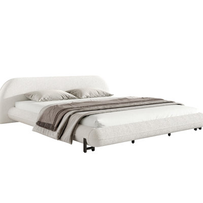 King Size Bed Frame, White Boucle Upholstered Platform, Curve - Shaped Design, Thick Headboard, Quick Assembly For A Restful Sleep Platform Bed, Comfortable And