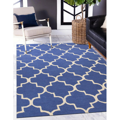 Durrant Dark Blue Hand Tufted Wool Ivory Traditional Trellis Area Rug