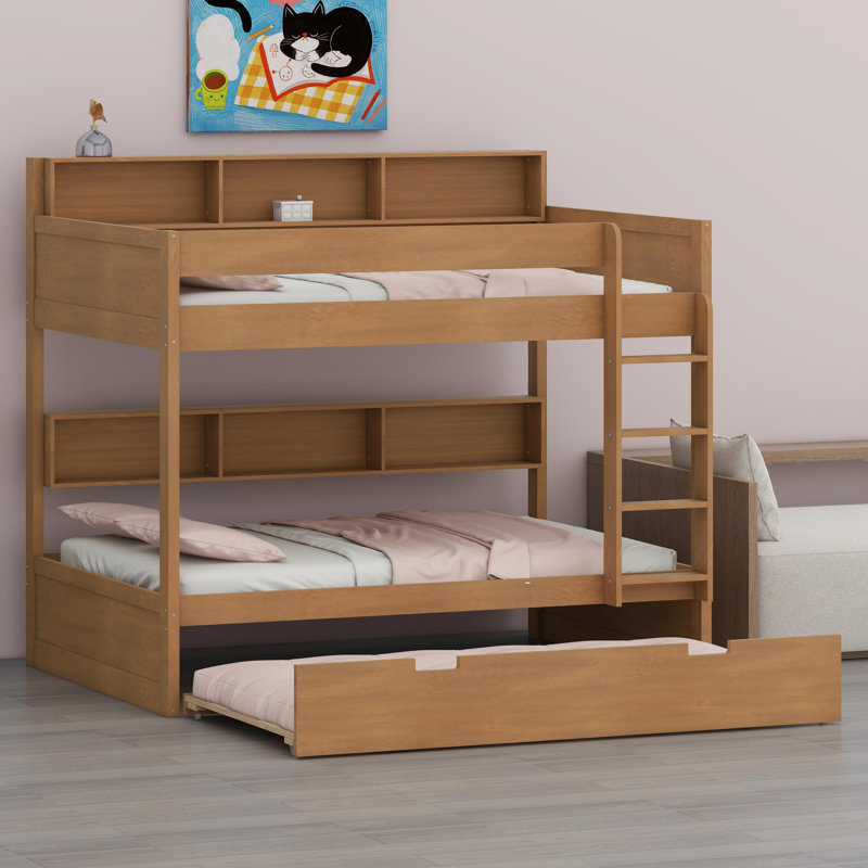 Lit superposé peu encombrant avec lit gigogne escamotable pour un espace de couchage supplémentaire, Bois antique