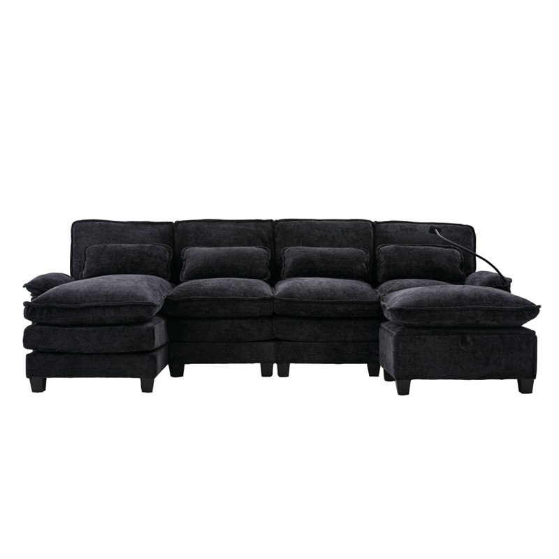 Canapé modulaire en forme de U de 106 po avec méridienne, repose-pieds et coussins, Chenille noir