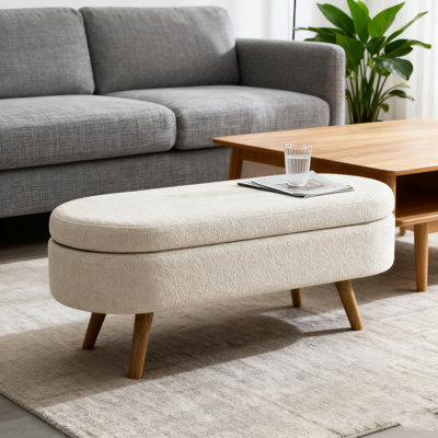 Pleated Fabric Storage Bench With Rubber Wood Legs - Multi-Functional (Footstool/Seat/Storage)，Beige