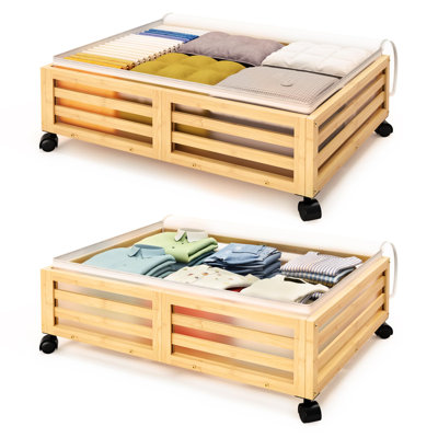 Under Bed Storage With Wheels-Large Bamboo Underbed Storage Containers With Large Dust Bag Stackable Under The Bed Shoe Storage Bins For Clothes Books Bedding