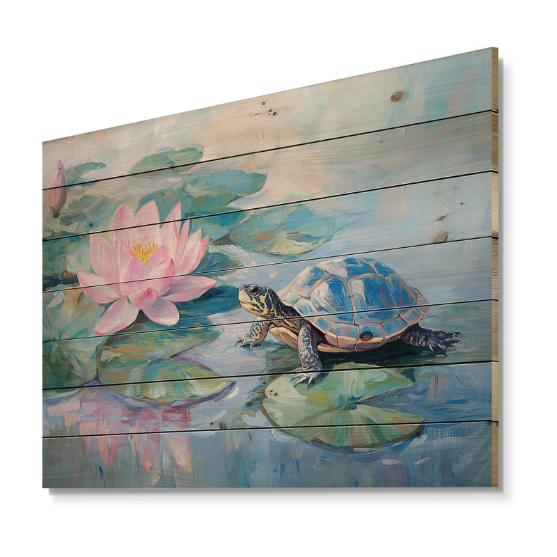 Tortue dans le nénuphar V - décoration murale moderne en bois sur bois de pin naturel, 34" H x 44" W