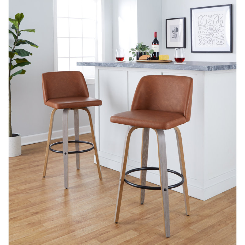 Tabourets de bar 30 po à hauteur fixe Thea avec pieds en bois cintré et repose-pieds rond Thea, Walnut/Chrome, Camel