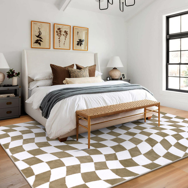 Tapis à carreaux lavable antidérapant Modern, Rectangle 6 pi x 9 pi, Blanc/Brun clair