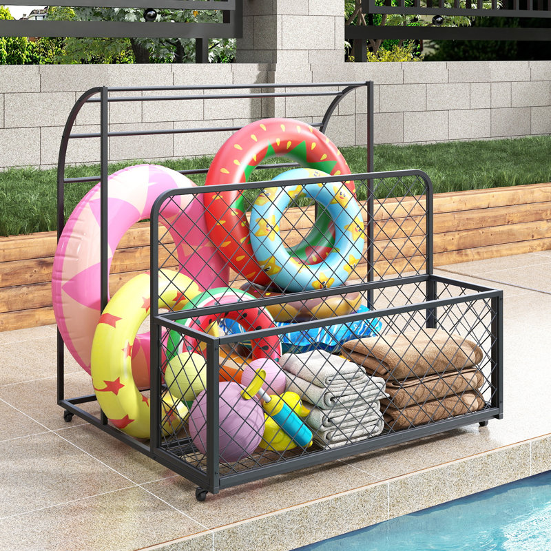 Chariot de rangement roulant pour flotteurs de piscine, panier en métal pour flotteurs, frites de piscine, gilets de sauvetage, ballons de plage