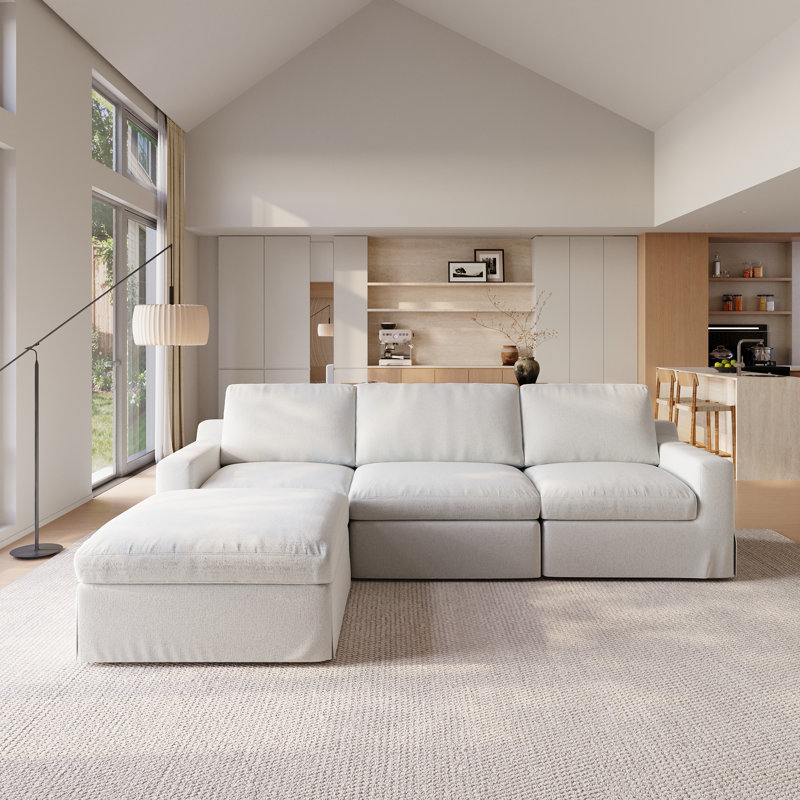 4 Piece Upholstered Slipcovered Linen Sectional Sofa With Ottoman, Beige Linen