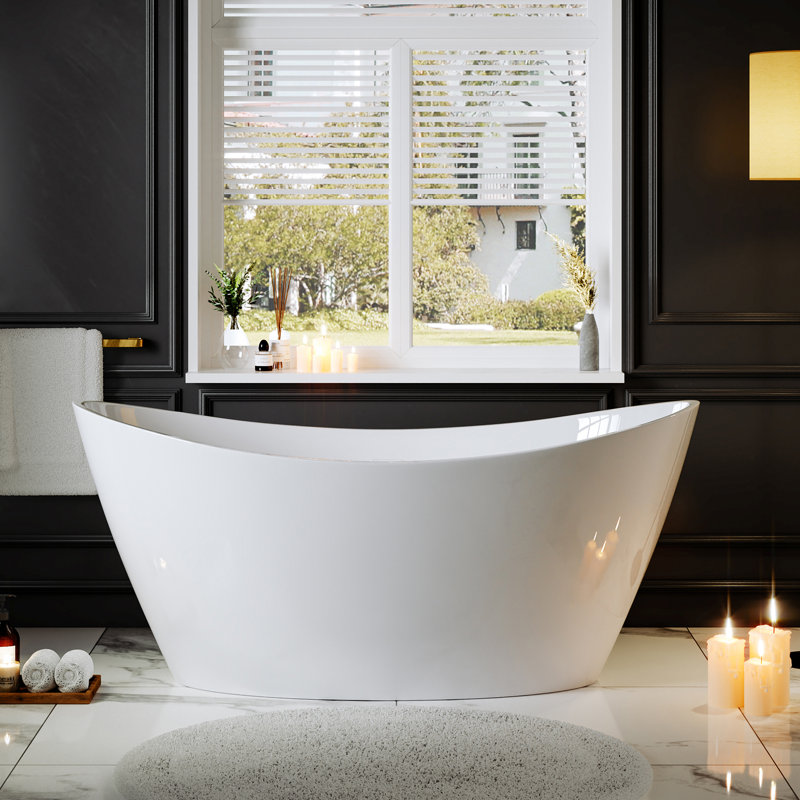 Empava 59 In. X 29.5 In. Freestanding Flat Bottom Bath Tub Oval Soaking Bathtub With Center Drain In White