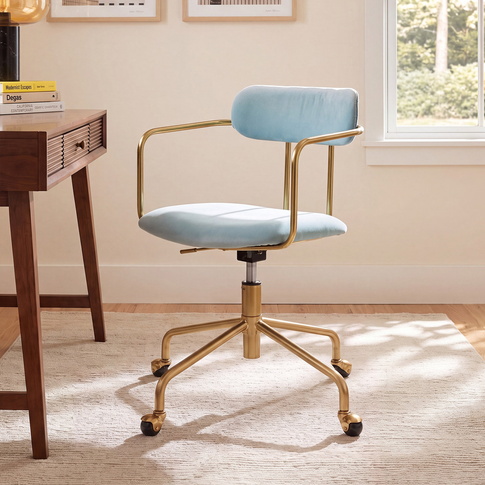 Erma Swivel Office Chair, Light Blue Velvet, Gold