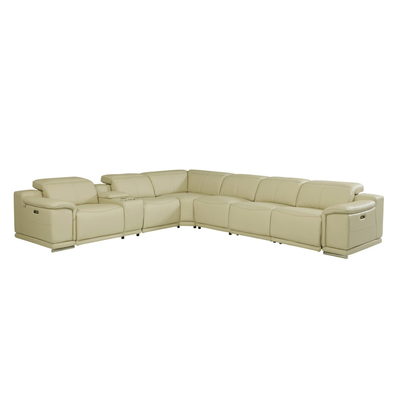 Harwyn 138" Wide Genuine Top Grain Italian Leather Symmetrical Reclining Corner Sectional, Beige Genuine Leather