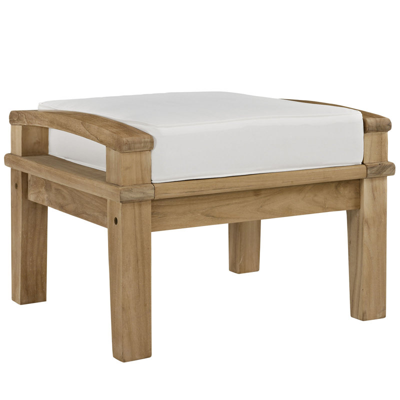 Natural Teak Wood Outdoor Patio Ottoman with White Cushion