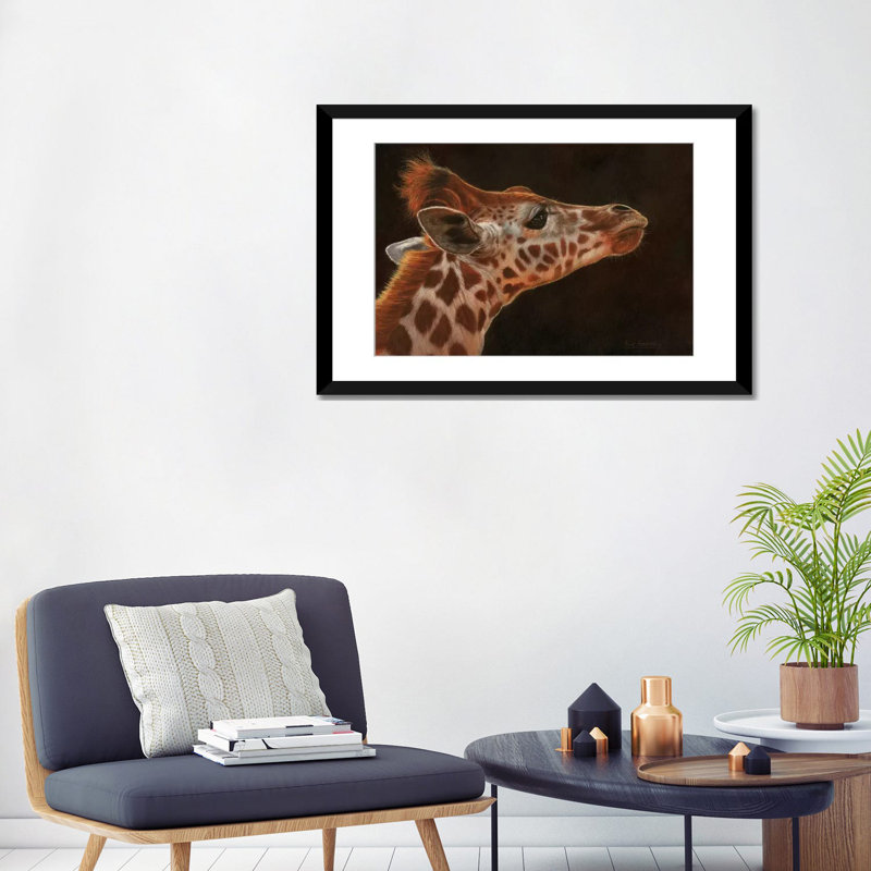 « giraffe portrait i », impression sur toile, H 24 po x l 32 po x P 1 po, Papier d'art encadré noir, Blanc