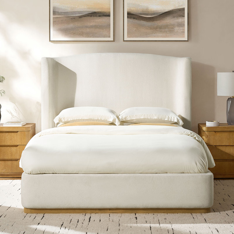 Waynesville Modern Upholstered Wingback Solid Wood Construction Platform Bed with chenille fabric and Rounded Corner, Queen