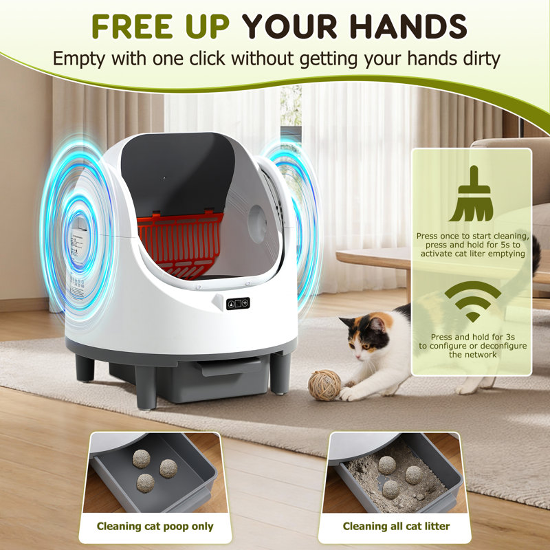 Automatic Cat Litter Box, Open Top Self Cleaning Litter Box For Multiple Cats, Odor Noise Control, App Control With Safety Sensors, Included Removable Liner And 2 Roll Garbage Bags, White