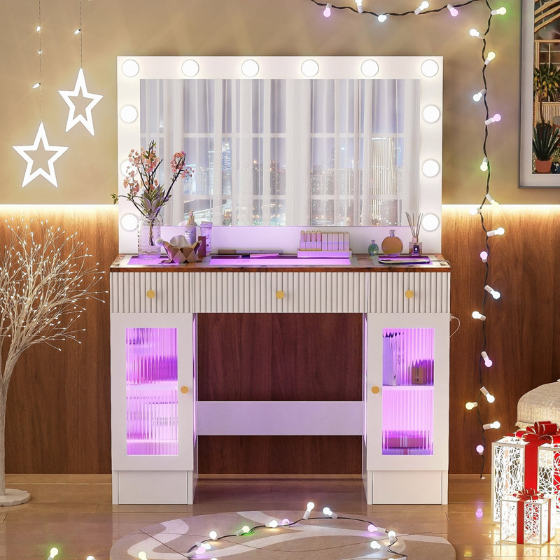 Meuble-lavabo de 43,3 po avec grand miroir et ampoules Hollywood, meuble-lavabo à plateau en verre moderne avec tiroirs et prise de courant, grande coiffeuse avec 3 modes d'éclairage couleur et armoires RVB pour la chambre à coucher