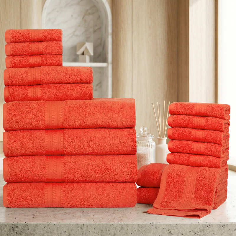Como Smooth Soft and Thick 100% Cotton Towel Set, Orange, Towel Set of 18